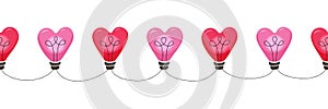 Colorful Valentine`s Day Holiday Intertwined Heart Shape String Lights on White Background Vector Seamless Border