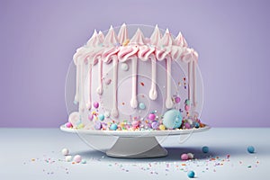 Colorful vanilla birthday cake with sprinkles over a pastel background. Generative AI