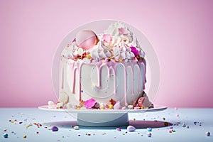 Colorful vanilla birthday cake with sprinkles over a pastel background. Generative AI