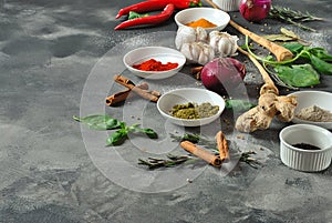 Colorful various of fresh and dried herbs, spices for cooking.