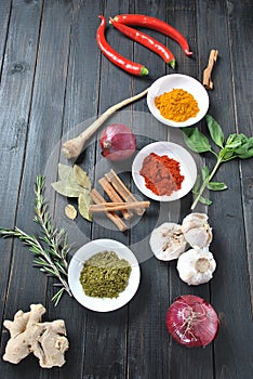 Colorful various of fresh and dried herbs, spices for cooking.