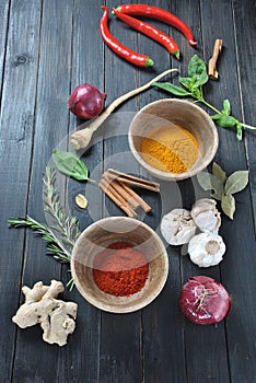 Colorful various of fresh and dried herbs, spices for cooking.