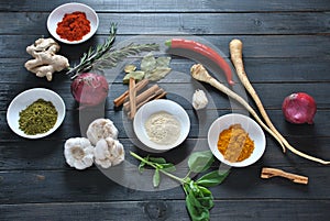 Colorful various of fresh and dried herbs, spices for cooking.