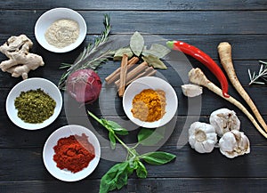 Colorful various of fresh and dried herbs, spices for cooking.