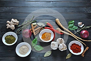 Colorful various of fresh and dried herbs, spices for cooking.