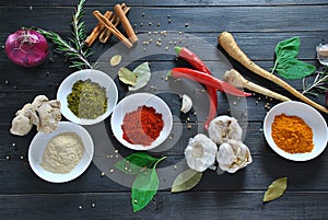 Colorful various of fresh and dried herbs, spices for cooking.