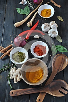 Colorful various of fresh and dried herbs, spices for cooking.