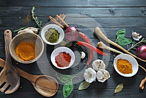 Colorful various of fresh and dried herbs, spices for cooking.