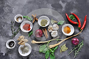 Colorful various of fresh, dried herbs and spices for cooking on a dark background