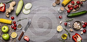 Colorful various of organic farm vegetables on grey wooden background, top view. Healthy foods, cooking and vegetarian concept. pl