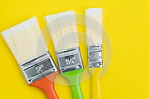 Colorful various size of painting brushes on solid yellow background with copy space using as art, color palette or design concept