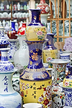 Colorful vases on a Chinese market