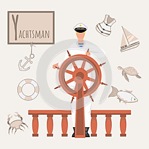 Colorful vector alphabet. Book of professions. Profession Yachtsman. Letter Y