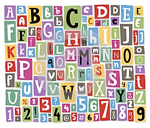 Colorful vector alphabet letters made of newspaper magazine font abc paper text collage cut type typography note