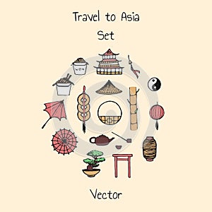 Colorful vector asian set. Includes oriental elements contours