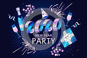 Colorful vector banner for the new year 2020. Party invitation template. Cartoon illustration.