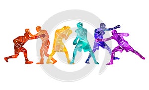 Colorful vector boxing illustration. Bright silhouettes of boxers men. Fighter.