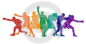 Colorful vector boxing illustration. Bright silhouettes of boxers men. Fighter.