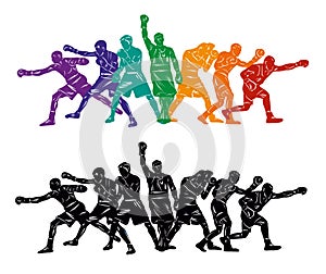 Colorful vector boxing illustration. Bright silhouettes of boxers men. Fighter.