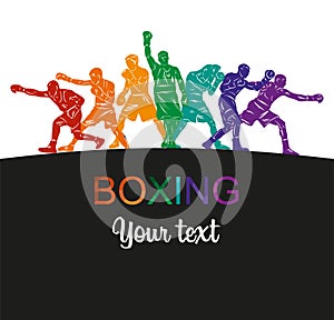 Colorful vector boxing illustration. Bright silhouettes of boxers men. Fighter.