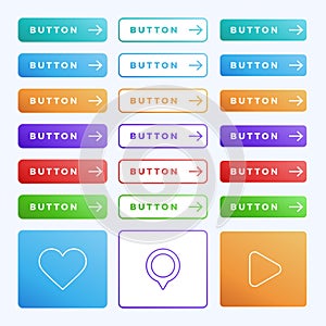 Colorful vector button set on white background. Three style Flat line gradient slide button collection with text and arrow. Vector