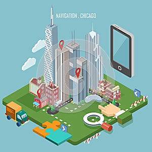 Colorful vector Chicago city in isometry. Navigation concept. Modern illustration. Touristic theme