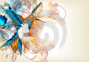 Colorful vector design with realistic hummingbird and floral o