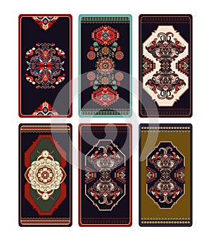 Colorful vector design for Tarot, playing cards, poker cards, reverse side. Geometric ornamental pattern, background