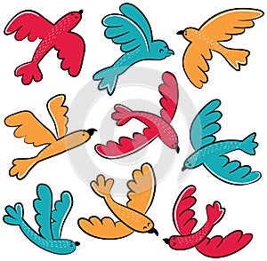 Colorful vector doodle birds icon set