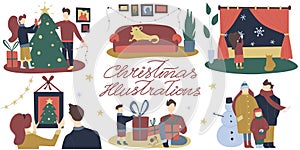 Colorful vector flat cartoon christmas illustrations with festive christmas decorations, family gathering, cozy indoor and outdoor