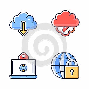 Colorful vector icons depict cloud computing, data security, and global