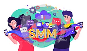 Colorful vector illustration depicting a SMM Social Media Marketing concept with two happy young people fast streaming