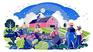 Colorful Vector Illustration of Farm Workers Harvesting Crops