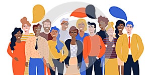 Colorful vector illustration in flat cartoon style group portrait of funny smiling office workers or clerks standing together