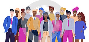 Colorful vector illustration in flat cartoon style group portrait of funny smiling office workers or clerks standing together