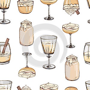 Colorful vector illustration. Hand drawn seamless pattern with hot winter drinks isolated on white background. Eggnog