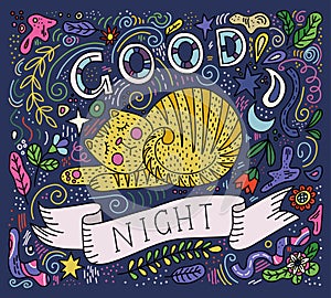 Colorful vector illustration of hand lettering text - good night. Sleeping cat