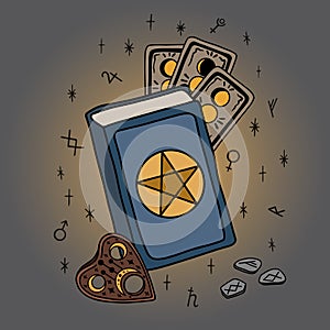 Colorful vector illustration with magic book, runes, Tarot and a pointer from a Ouija Board. Perfect for tattoos