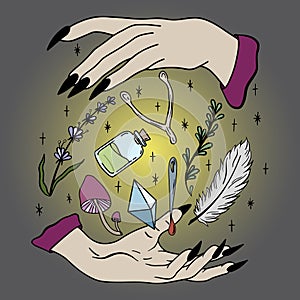 Colorful vector illustration with magic elements for a spell between the hands of a witch. Perfect for tattoos, textiles