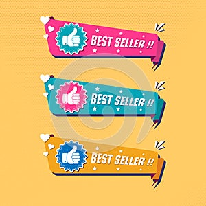 Colorful vector illustration set banner bestseller with thumbs up, Bestseller red ribbon vector, Bestseller Labels and Badges