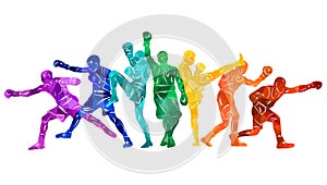 Colorful vector illustration silhouettes of boxers, thai boxers, kickboxers. Unity sports boxing, Thai boxing, kickboxing