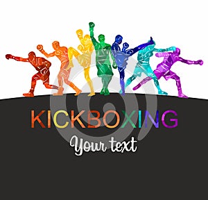 Colorful vector illustration silhouettes of boxers, thai boxers, kickboxers. Unity sports boxing, Thai boxing, kickboxing