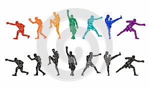 Colorful vector illustration silhouettes of boxers, thai boxers, kickboxers. Unity sports boxing, Thai boxing, kickboxing