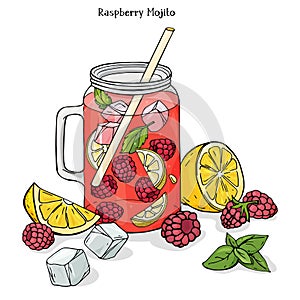 Colorful vector illustration in sketch style. Cool raspberry drink in a glass Cup with ice, mint and lemon.