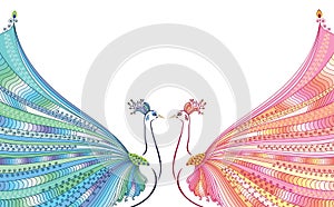 Colorful vector illustration of two abstract, stylized peacocks, opposite each other, with luxurious tails.