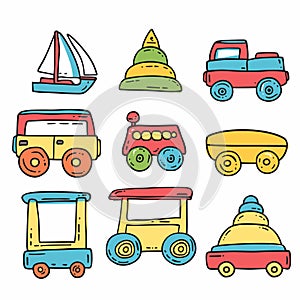 Colorful vector illustration various childrens toys, featuring different types vehicles pyramid