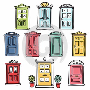 Colorful vector illustration various front doors representing different house entrances. Nine