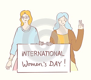 Colorful vector illustrations concept of Happy Woman's internarional day . Happy female friends, union of feminists