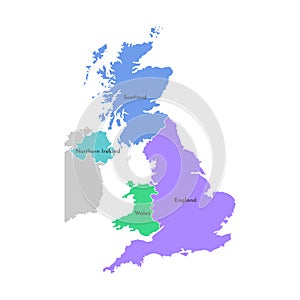 Colorful vector isolated simplified map. Grey silhouette of the UK provinces. Border of  Scotland, Wales, England, Ireland.