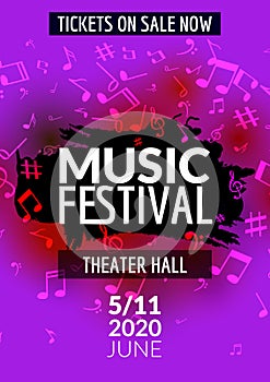 Colorful vector music festival concert template flyer. Musical flyer design poster with notes